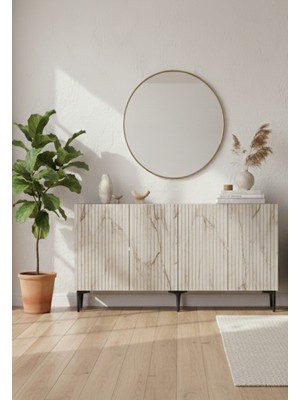 Ceneyra KA1807BT- ZEYNEP180 Lazer Çizgili Konsol , Tv Sehpası , Çok Amaçlı Dolap 180CM Beyaz-Traverten