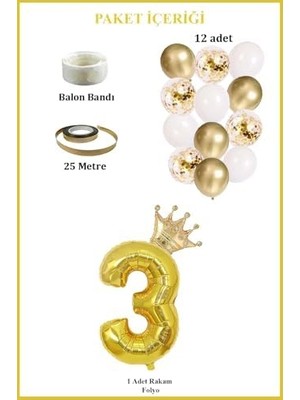 3 Rakam Folyo Balon, Kral Tacı ve Konfetili Balon
