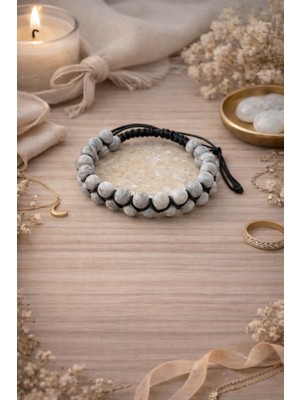 Enfera Doğal Taş Doğal Taş Gri Jasper Taşı Makrome Çift Sıra Bileklik