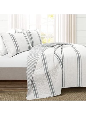Çiftlik Evi Çizgili Ters Çevrilebilir Pamuk Yorgan Koyu Gri 3 Parça Set Tam/kraliçe