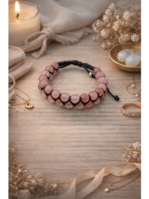 Enfera Doğal Taş Doğal Taş Gül Kuvars Taşı Makrome Çift Sıra Bileklik 8 mm