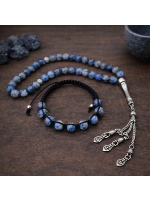 Enfera Doğal Taş Doğal Taş Dumortierit Taşı Tesbih 33'lü ve Bileklik Makrome 8 mm Set