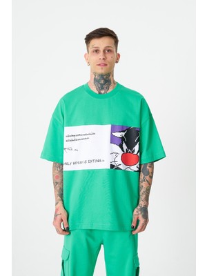 Machinist Erkek Sylvester Baskılı Oversize Tişört Elektrik Yeşili