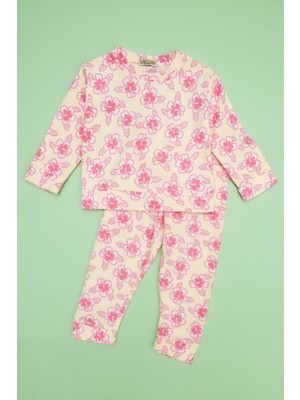 FullaModa Çiçek Desenli Bisiklet Yaka Polar Kız Çocuk Pijama Takımı