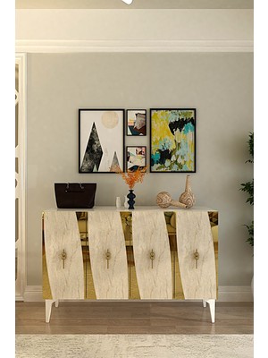 Ceneyra KA1213BTG- Elips Pleksi Desenli  Konsol , Tv Sehpası , Çok Amaçlı Dolap 120CM Beyaz-Traverten-Gold