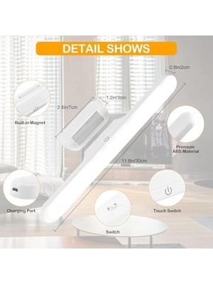 Şarjlı Aplik LED Işık, Mıknatıslı Dolap Altı Aydınlatma, Kitap Okuma Lambası, 3 Renk Modlu Kısılabilir LED Işık Çubuğu, USB Şarjlı, Duvara Monte Ayna, Başucu, Mutfak Aydınlatması 30×35×50 mm