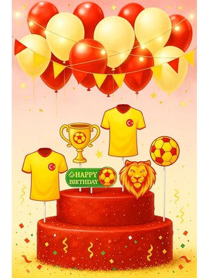 Futbol Temalı Pasta Süsleme Seti, Sarı-Kırmızı Renkli, 6 Parça, Doğum Günü Dekorasyonu