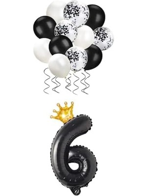 6 Rakam Siyah Folyo Balon, Kral Tacı ve Konfetili Siyah Balon Set
