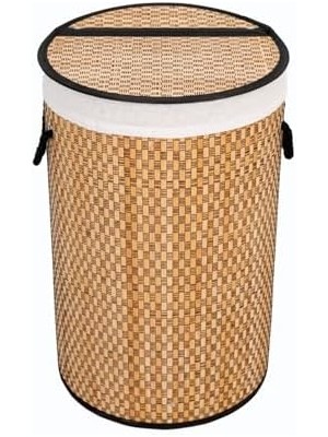 El Yapımı Hasır Katlanır Çamaşır Sepeti Yuvarlak 55 Litre (35CM*35CM*61CM), Doğal Malzemeden Üretilmiş Çamaşırlık