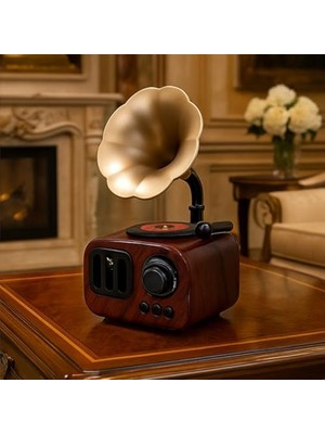 Klasik Retro Gramofon Figürlü Kurmalı Müzik Kutusu – 14X9X6 cm Ahşap Görünümlü Altın Trompetli Nostaljik Dekor