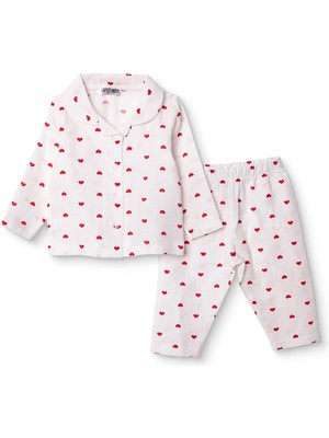 Hellobaby Hellobaby, Kız, Uzun Kol Pijama Takımı, Kalp Baskılı, Düğmeli, Bebe Yaka, Uzun, Uzun Kol