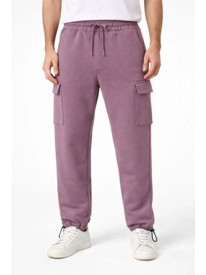 Erkek Baggy Üç Iplik Kargo Cepli Eşofman Ayarlanabilir Paça Beli Ipli Pantolon - Gül Kurusu