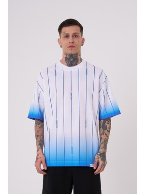 Erkek Striped Machinist Baskılı Oversize Tişört Beyaz-Açık Mavi