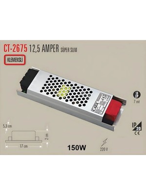 Cata Süper Slim 12V 12.5A Dc Şerit LED Trafosu 150W IP20 (12 Volt 12 Amper 12MT Ye Kadar Kullanım Için Uygundur)