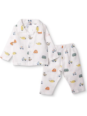 Hellobaby Hellobaby, Erkek, Uzun Kol Pijama Takımı, Taşıtlar Baskılı, Düğmeli, Bebe Yaka, Uzun, Uzun Kol