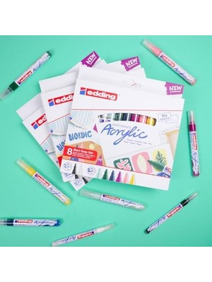 Edding Start Easy Set Akrilik Boya Kalemleri, Su Geçirmez; Ince ve Orta Uç, Kartpostal Pedi Dahil - 8'li Akrilik Kalem Seti (Nordik) - Kaya Boyama Için Akrilik Işaretleyiciler