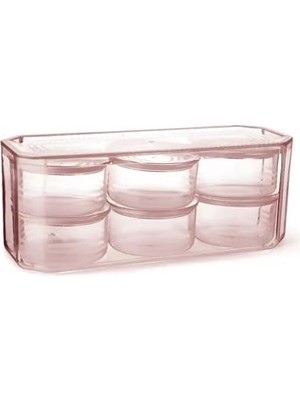 7 Parça Kristal Plastik Kahvaltılık Kuruyemişlik Saklama Kabı Set, 28 x 10 x 11 cm Saklama Kutusu, 6 Adet Vakum Kapaklı Kap, Pembe