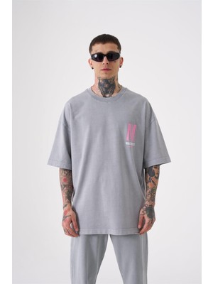 Machinist Erkek One NINE87 Baskılı Yıkamalı Oversize Tişört Ghst-Pembe