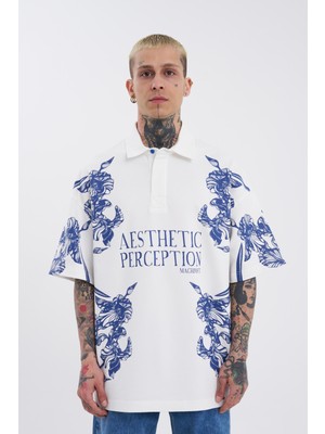 Machinist Erkek Aesthetic Flower Baskılı Polo Yaka Tişört Ekru