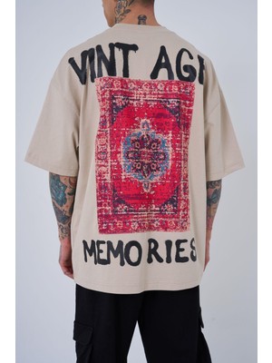 Machinist Erkek Vintage Memories Baskılı Oversize Tişört Açık Bej