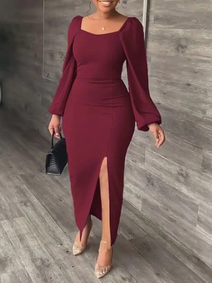 Nidam Butik Kadın Uzun Kollu Geometrik Yakalı Yandan Yırtmaçlı Uzun Janjan Krep Elbise