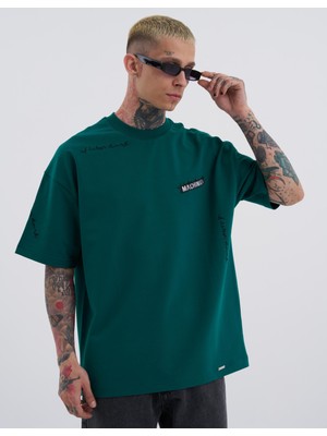 Erkek Machinist Etiket Oversize Tişört Yağ Yeşili