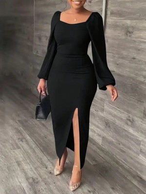 Gökyüzü Moda Kadın Uzun Kollu Geometrik Yakalı Yandan Yırtmaçlı Uzun Janjan Krep Elbise