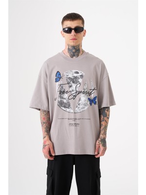Machinist Oversize Free Spirit Baskılı Pamuklu Tişört Açık Gri