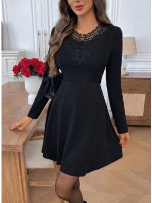 Tua Moda Kadın Uzun Kollu Yakası Dantelli Mini Ithal Krep Elbise