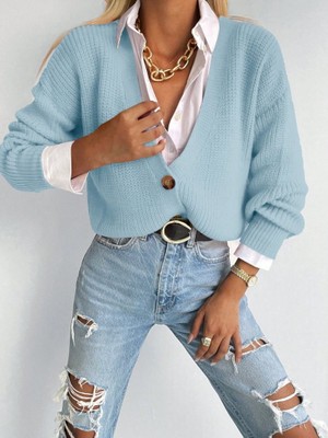 Gökyüzü Moda Düğme Detay Triko Bluz