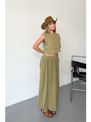 Jee Lee Kadın Etek Bluz %100 Pamuklu Ikili Takım Yeşil - 26Y 6031