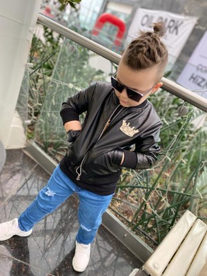 Burçak Butik Erkek Çocuk Deri Ceket / Kot Pantolon / Baskılı Tişört 3 Parça Kışlık Takım - Bayramlık