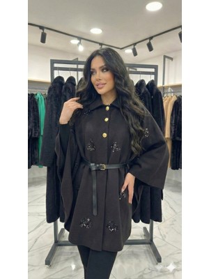 Ribana Classic Kadın Siyah Kemerli Nakışlı Gold Düğme Detaylı Kaşe Pelerin Panço Kaban D99775