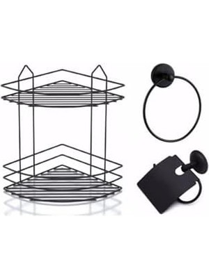 Banyo Aksesuar Seti 3'lü Siyah, Ömür Boyu Paslanmaz Köşelik Duş Rafı Şampuanlık Siyah Ek-02