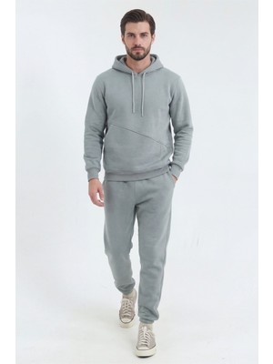 Gri Erkek Yandan Cep 3 Iplik Eşofman Takımı Içi Polarlı Yünlü Yumuşak Puf Kumaş