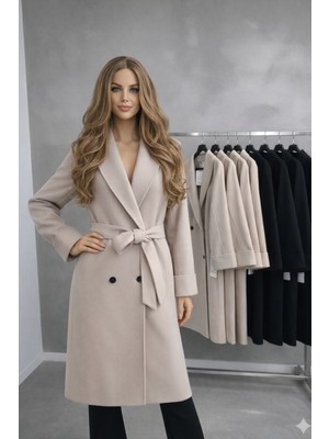 Ribana Classic Kuşaklı Yeni Sezon Astarlı Premium Kalite Rahat Kalıp Kadın Kruvaze Yaka Kaşe Kaban D99581