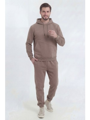 Kahverengi Erkek Yandan Cep 3 Iplik Eşofman Takımı Içi Polarlı Yünlü Yumuşak Puf Kumaş