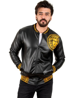 Deepsea Erkek Siyah Dar Kesim Medusa Nakış Işlemeli Kolej Yaka Suni Deri Ceket Mont 2200368