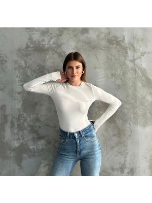 MEYMERS Kadın Beyaz Uzun Kollu Parmak Detaylı Basic Body