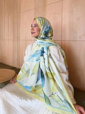 Moda Nuda Mira Ipek Desenli Bambu Kraş Şal Yaprak Desen-Sarı Renkli