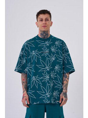 Machinist Erkek Cannabis Leaf Baskılı Oversize Tişört Yağ Yeşili