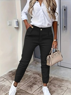 End Black Store Kadın Yüksek Bel önden Düğmeli Cepli Bilek Lastik Detay Atlas Pantolon