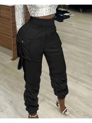 End Black Store Kadın Yüksek Bel Beli Lastikli Kargo Cep Detaylı Gabardin Pantolon