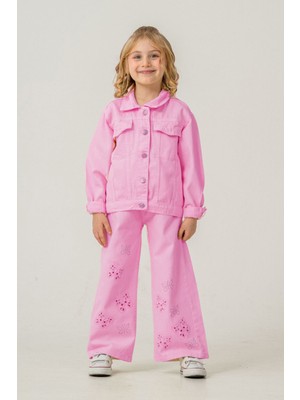 Miniğimin Cicileri Modern Kelebek Detaylı Kot Ceketli Kız Çocuk Takım - Pembe