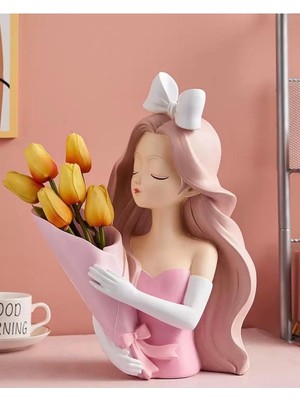 Şık Fiyonklu Buketli Kız Temalı Dekoratif Vazo, Hediye ve Süsleme Için Ideal