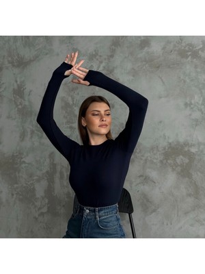 MEYMERS Kadın Beyaz Uzun Kollu Parmak Detaylı Basic Body