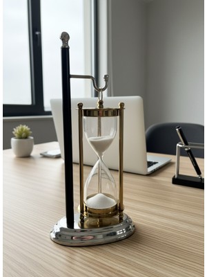 Feyza Design Şık Siyah Standlı Askılı Kum Saati, Altın-Gümüş Detay, Beyaz Kum, Dekoratif