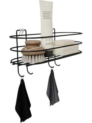 Yapışkanlı Banyo Mutfak Düzenleyici Oval Düz Banyo Havluluk Rafı Sabunluk Mat Siyah Duş Askısı Raf (Kancalı Oval Raf)