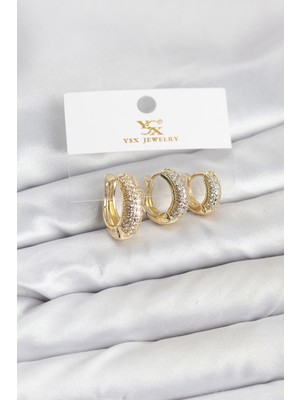 Pirinç Gold Renk Zirkon Taşlı Halka Model Ysx Trio Küpe Seti