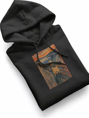 Muhtar Store Çığlık Kedisi Baskılı Siyah Hoodie | Unisex %100 Pamuk Kapüşonlu Sweatshirt